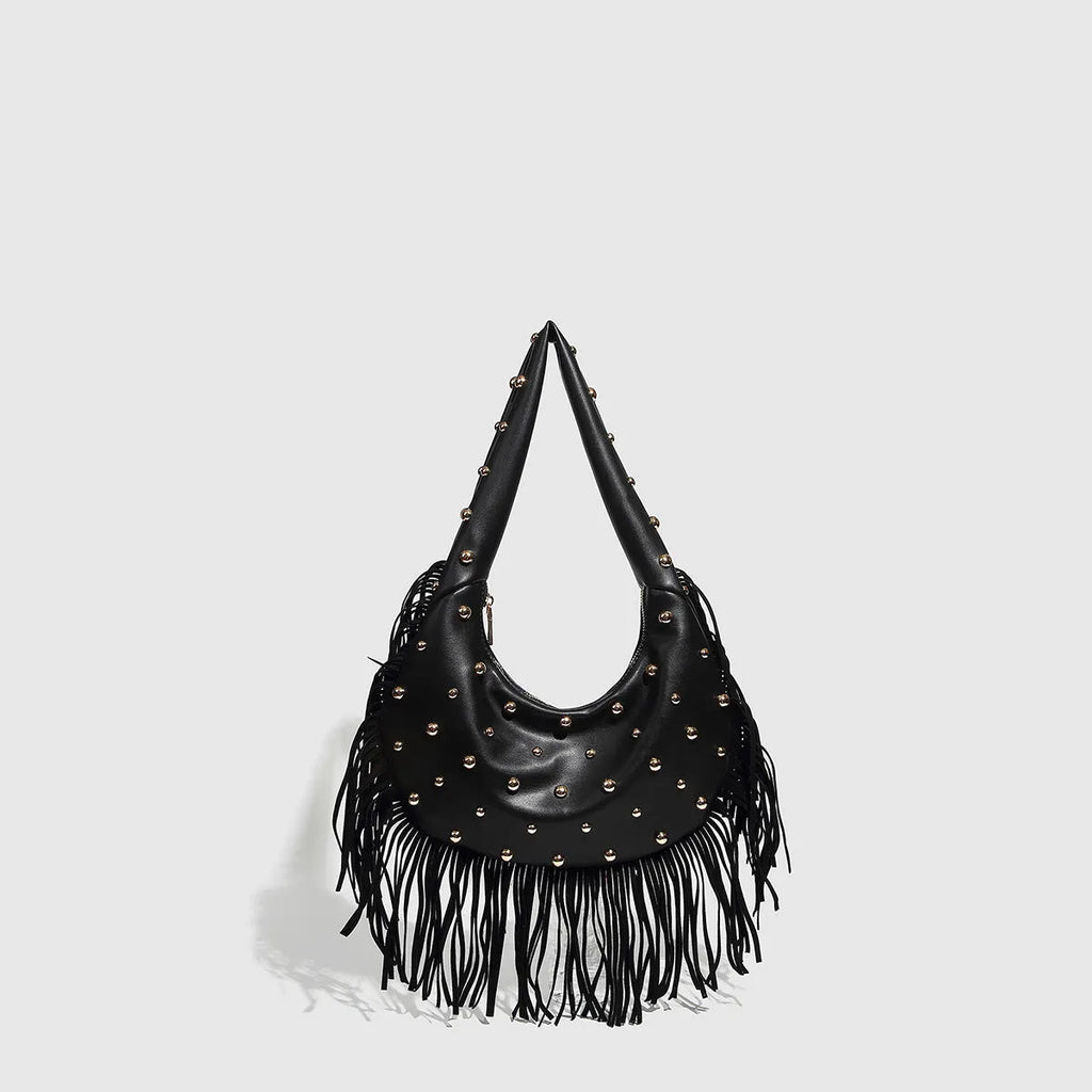 Retro tassel shoulder handbag in black with dedicated phone compartment and polyester lining