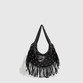Retro tassel shoulder handbag in black with dedicated phone compartment and polyester lining