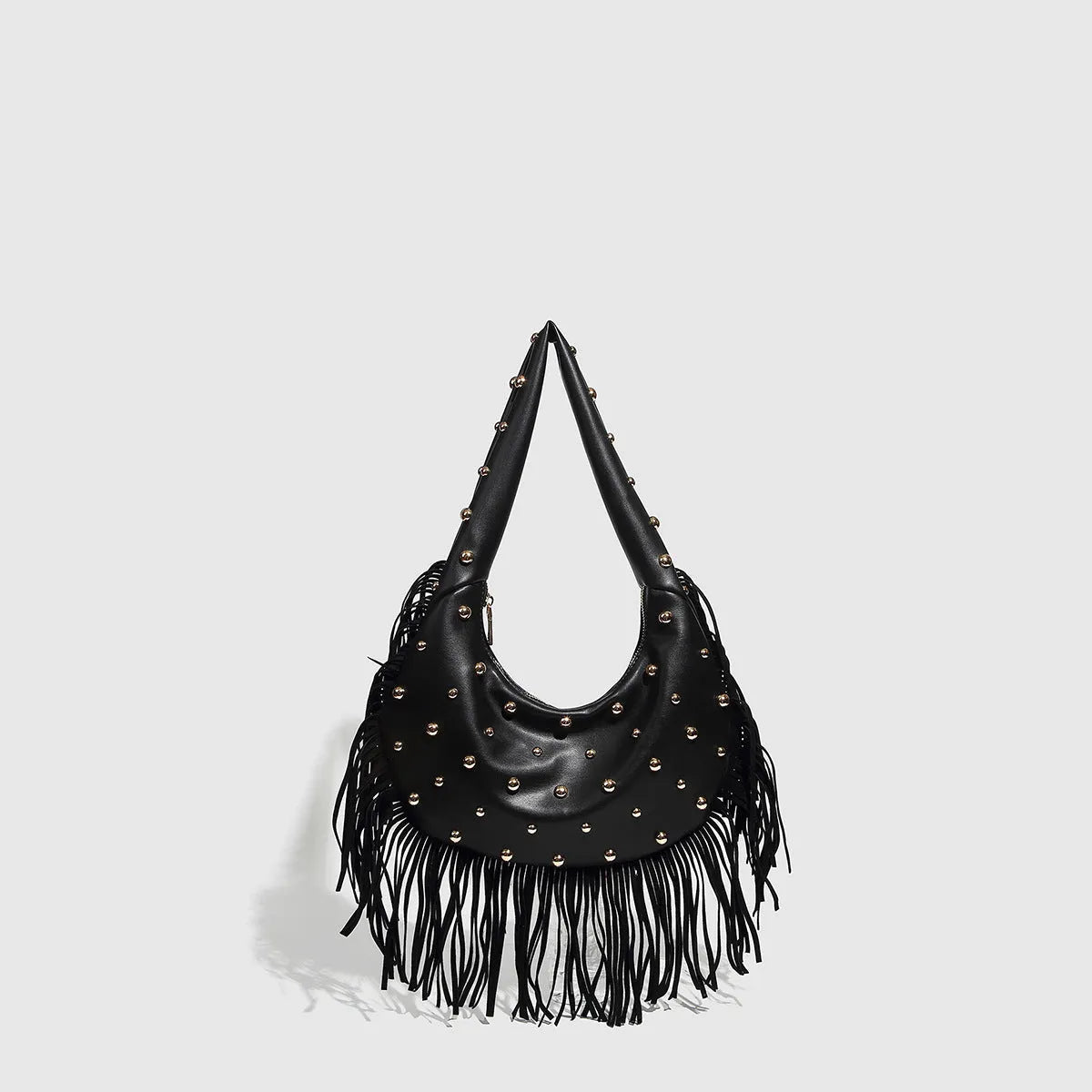 Retro tassel shoulder handbag in black with dedicated phone compartment and polyester lining