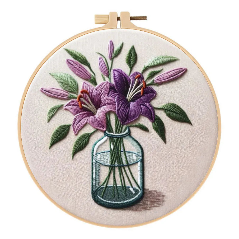 Purple lily flower embroidery on 28x28cm cotton linen fabric with imitation bamboo stand