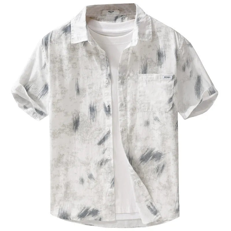 Summer mens cotton short sleeve cardigan with floral print in light green and white loose fit