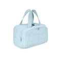 Large lightweight polyester travel toiletry bag with wide opening in beige colour on a neutral background.
