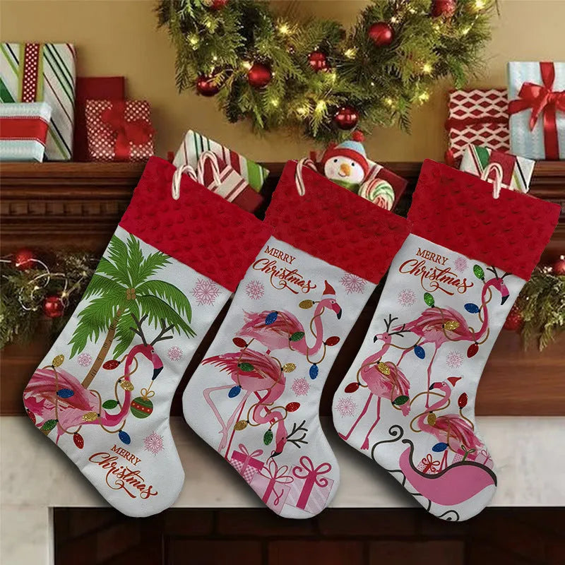 Flamingo patterned cloth Christmas stocking hanging decoration measuring 46 by 28 centimetres