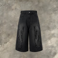 Men's cropped denim shorts with patch flame embroidery in black colour, straight leg summer design