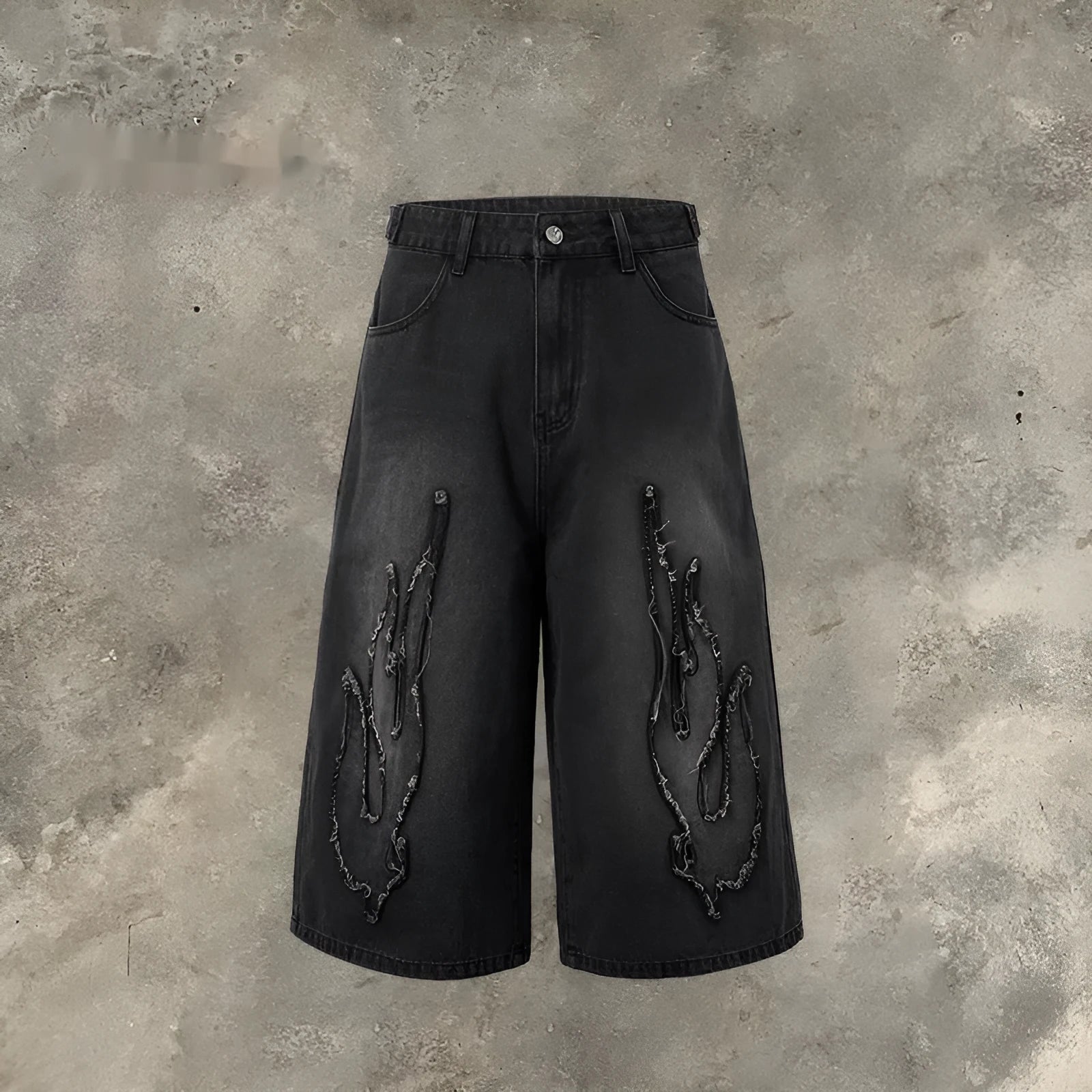 Men's cropped denim shorts with patch flame embroidery in black colour, straight leg summer design