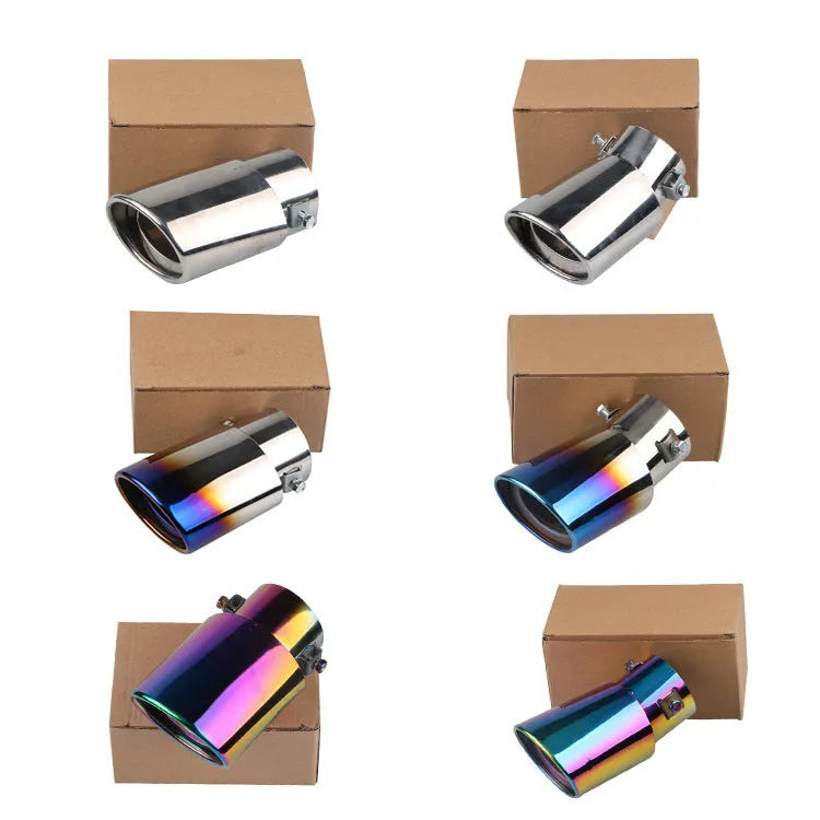 Stainless steel car exhaust tailpipe modification part, 140cm length, showing baked blue and bright silver finish options