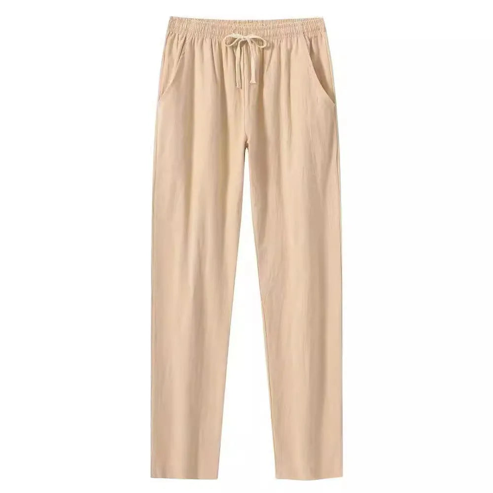Cotton and linen beach pants for men, loose casual fit, solid colour trousers in khaki