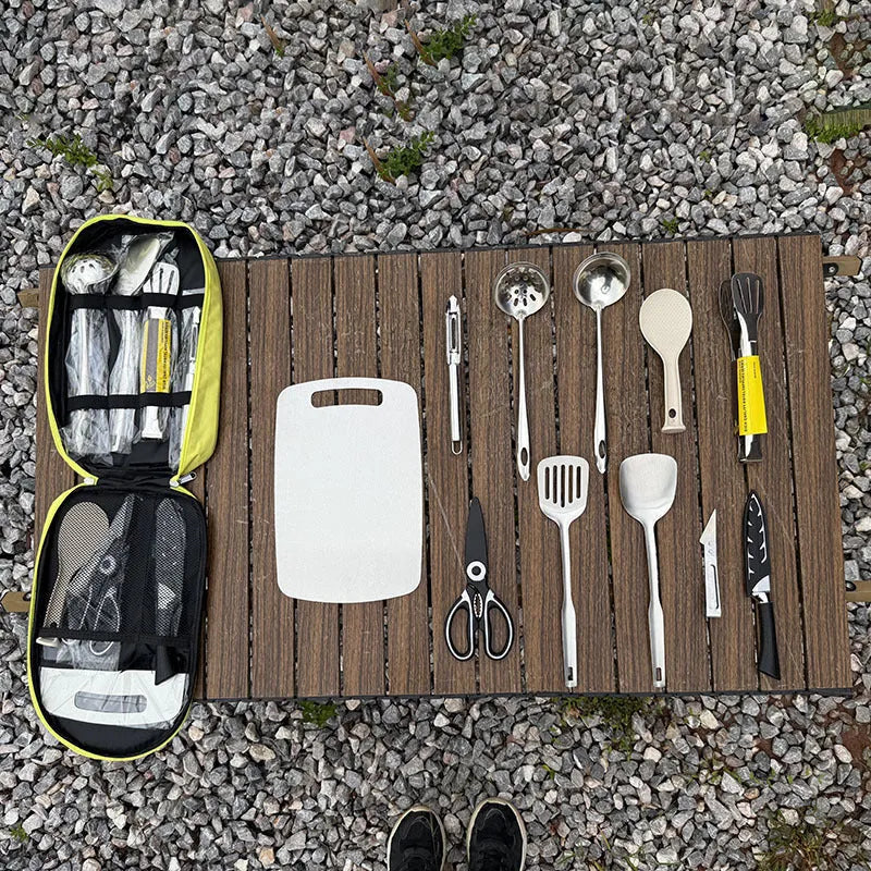 Khaki storage bag containing 12 pieces of stainless steel picnic cutlery including knives, forks and spoons.