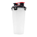 Portable 2-in-1 pet water cup in black, showing separate water and food compartments, PP material, 23cm x 11cm