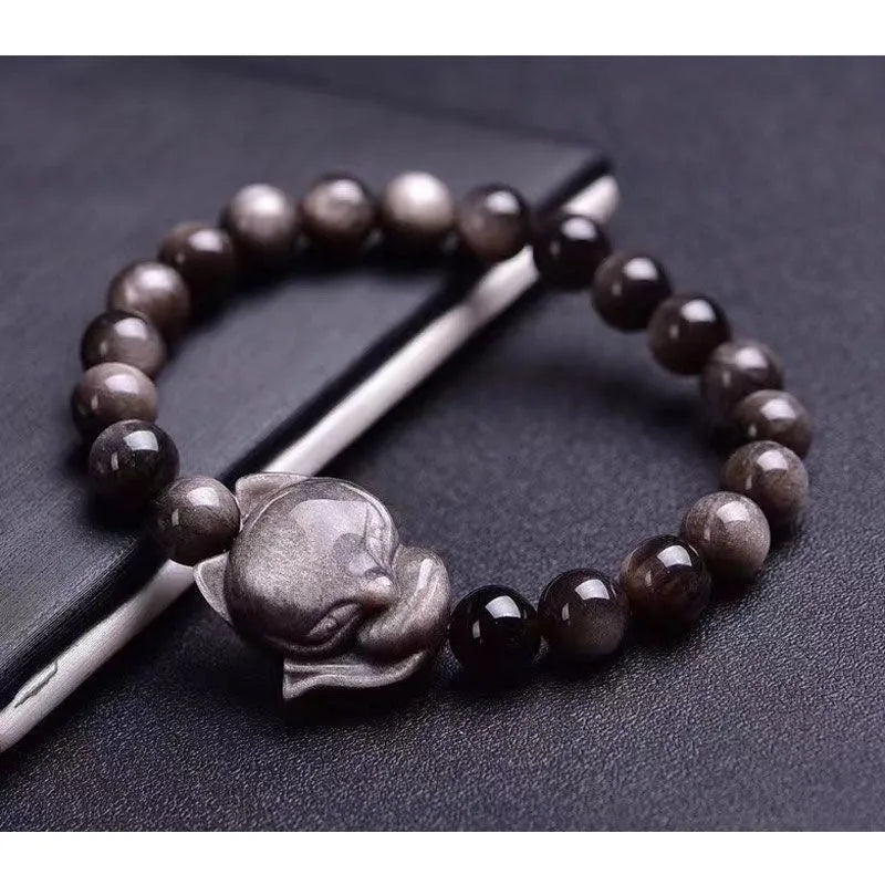 Obsidian single ring bracelet with 8mm fox charm in polished finish