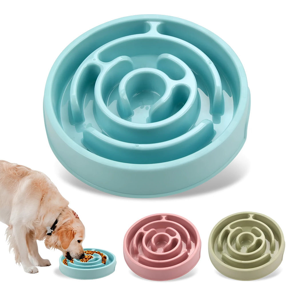 Silicone slow feeder dog bowl with labyrinth puzzle design in blue, green, and pink colours for safe eating