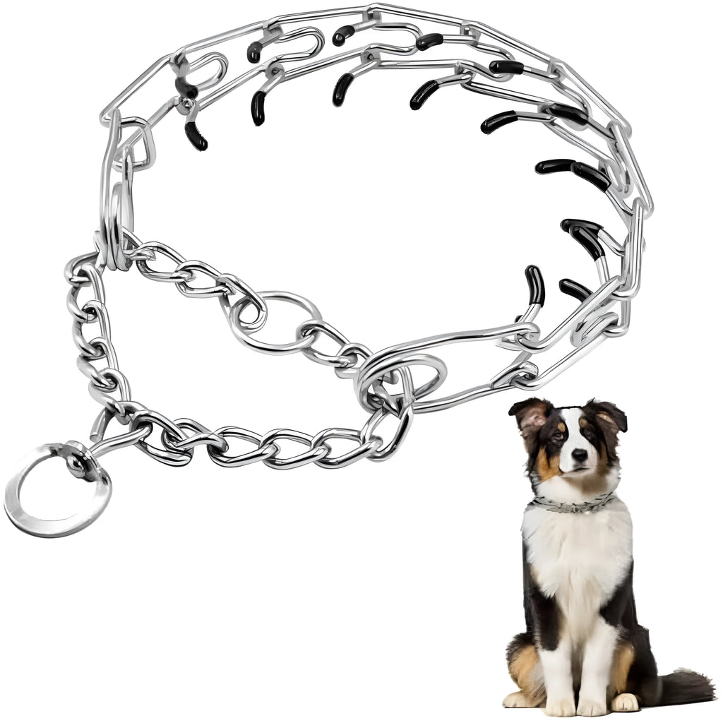 Stainless steel adjustable dog prong training collar with rubber comfort tips on a link.