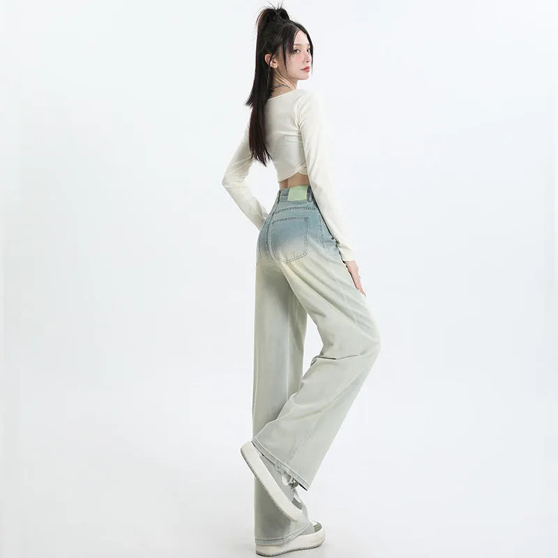 Women's gradient blue straight-leg trousers in denim fabric with wide leg silhouette