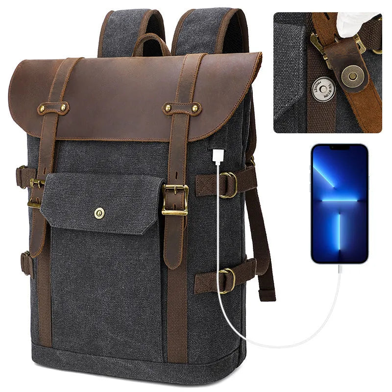 Canvas backpack with USB charging, contrast colour design, curved shoulder strap, available in four colours