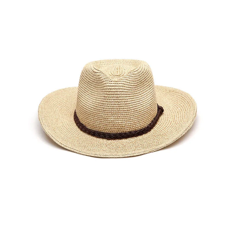 Men's foldable straw sun hat with wide brim in beige colour shown folded and unfolded
