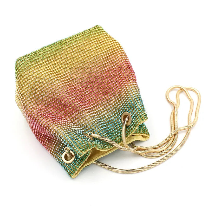 Rhinestone bucket bag with rainbow multicolour diamond pattern and soft material