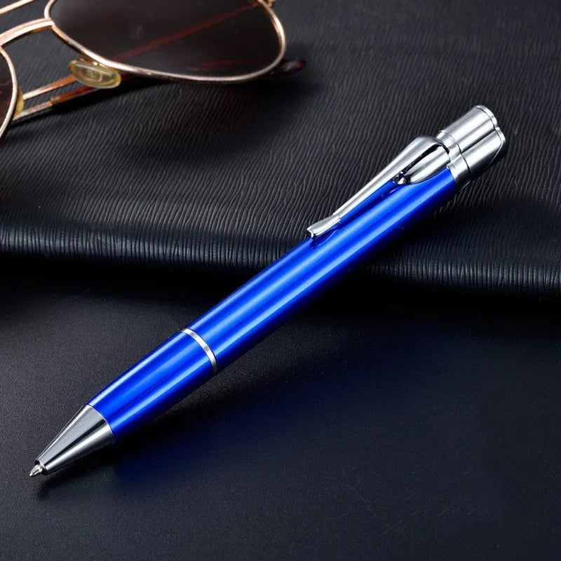 Creative metal signature pen lighter in black with windproof jet flame and red buttons on a white background