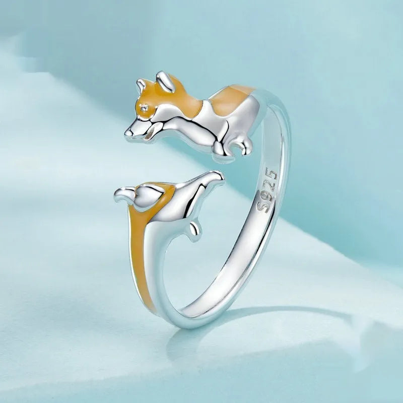 Silver ring with a cute cartoon corgi design, electroplated finish, colour SCR1014-E.