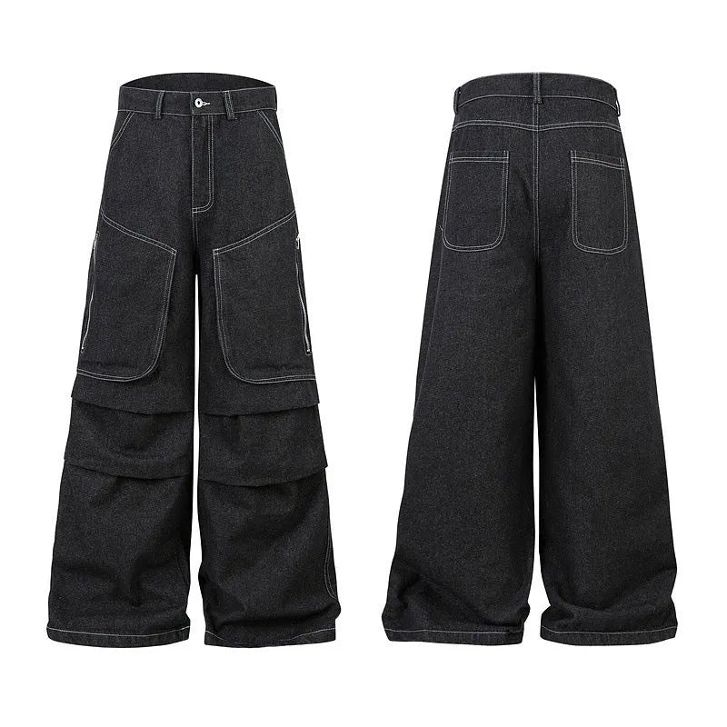 Multi-pocket pleated black denim workwear trousers for teenagers with zip placket