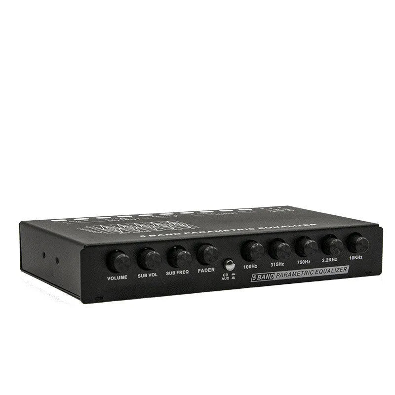 Black car audio EQ tuning amplifier with front panel controls for frequency and volume adjustment