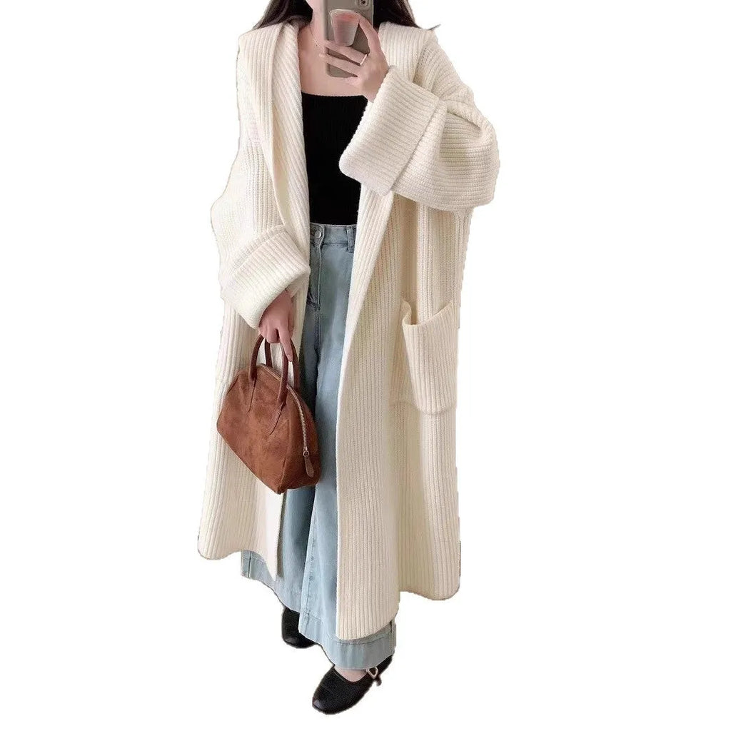 Women's loose hooded cardigan coat in acrylic fabric with extended length and raglan sleeves