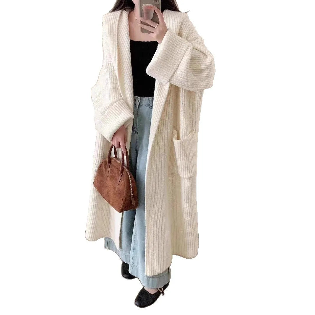 Women's loose hooded cardigan coat in acrylic fabric with extended length and raglan sleeves