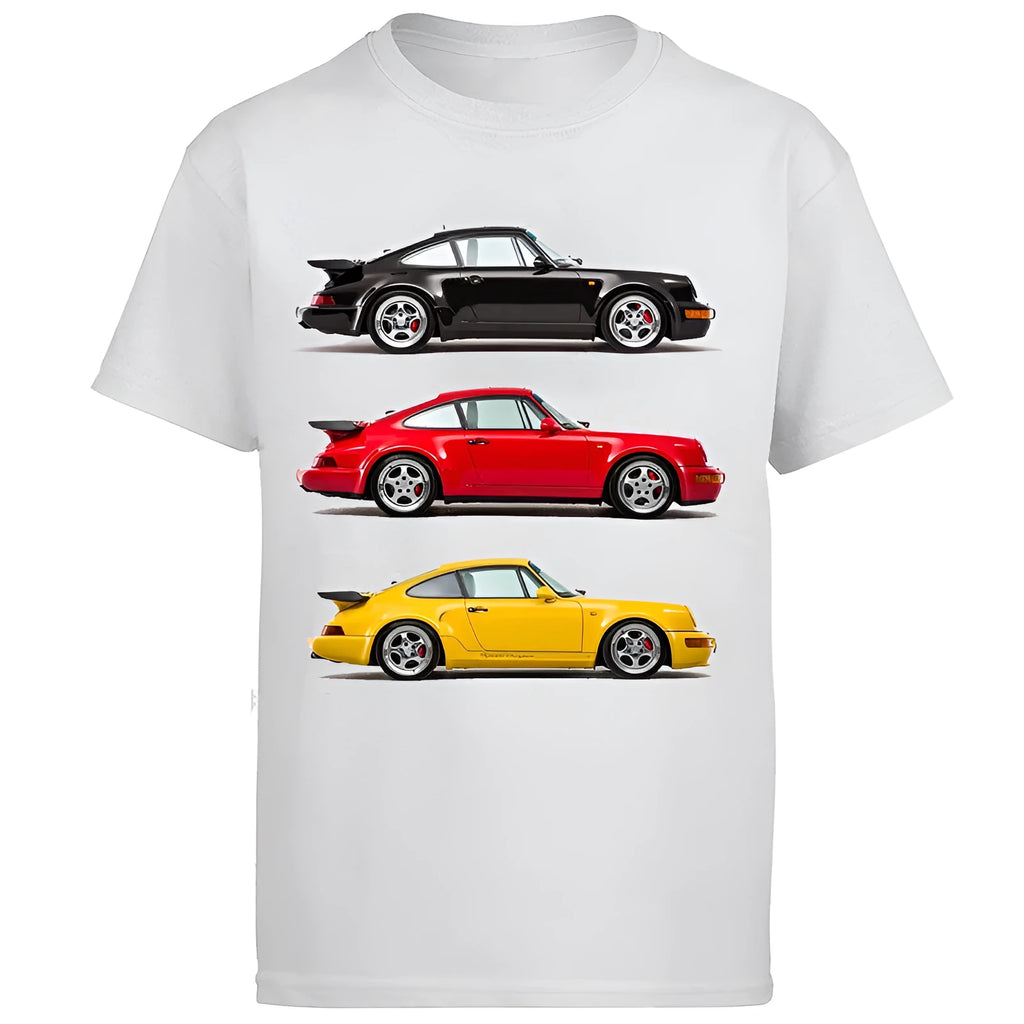 White cotton short sleeve T shirt with car racing classic graphic in retro style