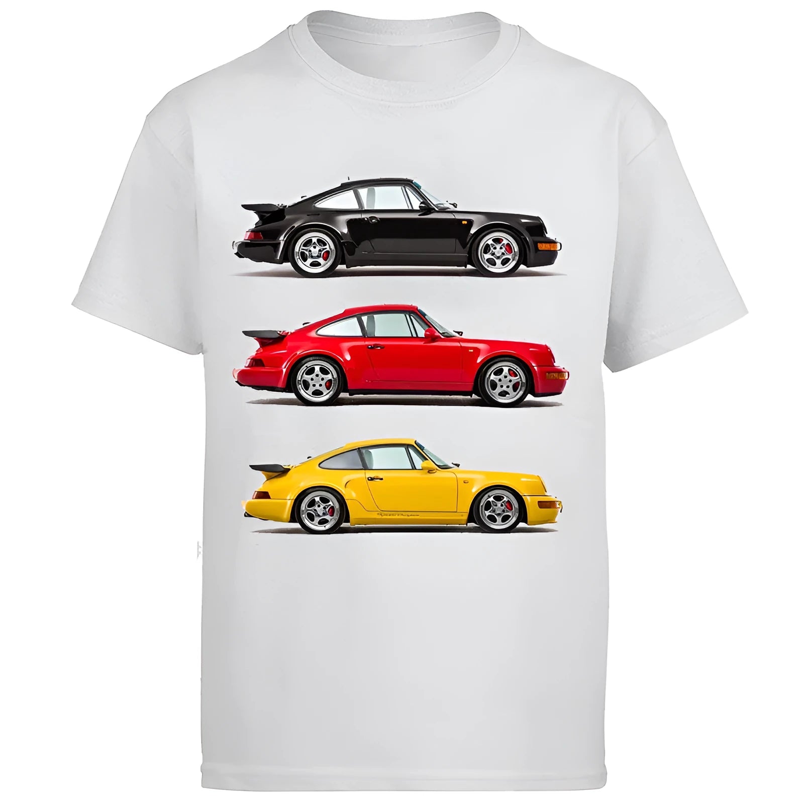 White cotton short sleeve T shirt with car racing classic graphic in retro style