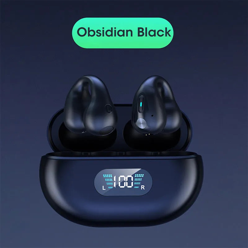 Bone conduction Bluetooth headset with ear clip design shown in black, white, and khaki colour options.