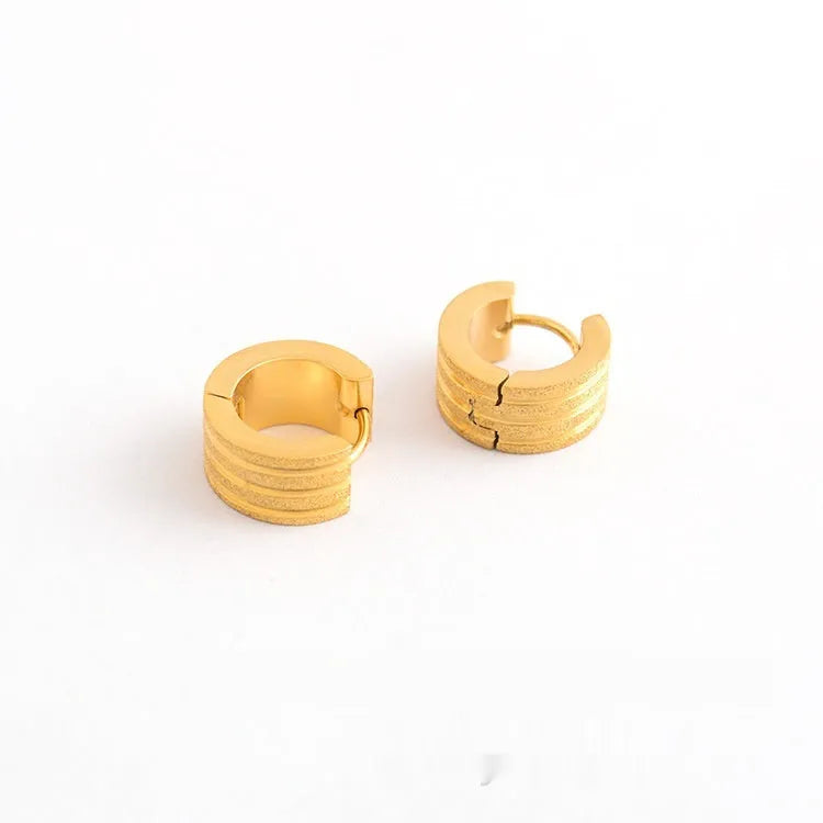 Korean style three-line frosted geometric titanium steel earrings in black, gold, and steel colours