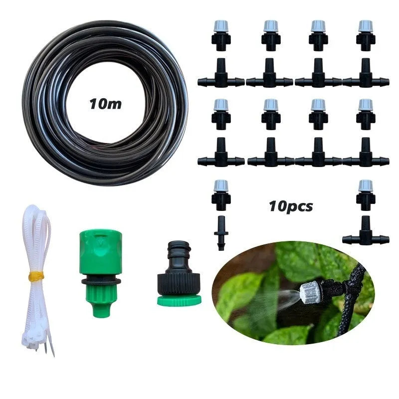 10m garden irrigation micro spray hose kit with ten mist nozzles on green grass