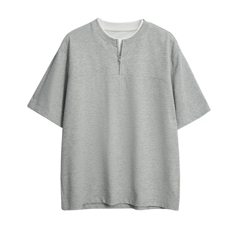 Women's cotton blend loose fit zip front pullover top with patchwork design in black, gray, and royal blue
