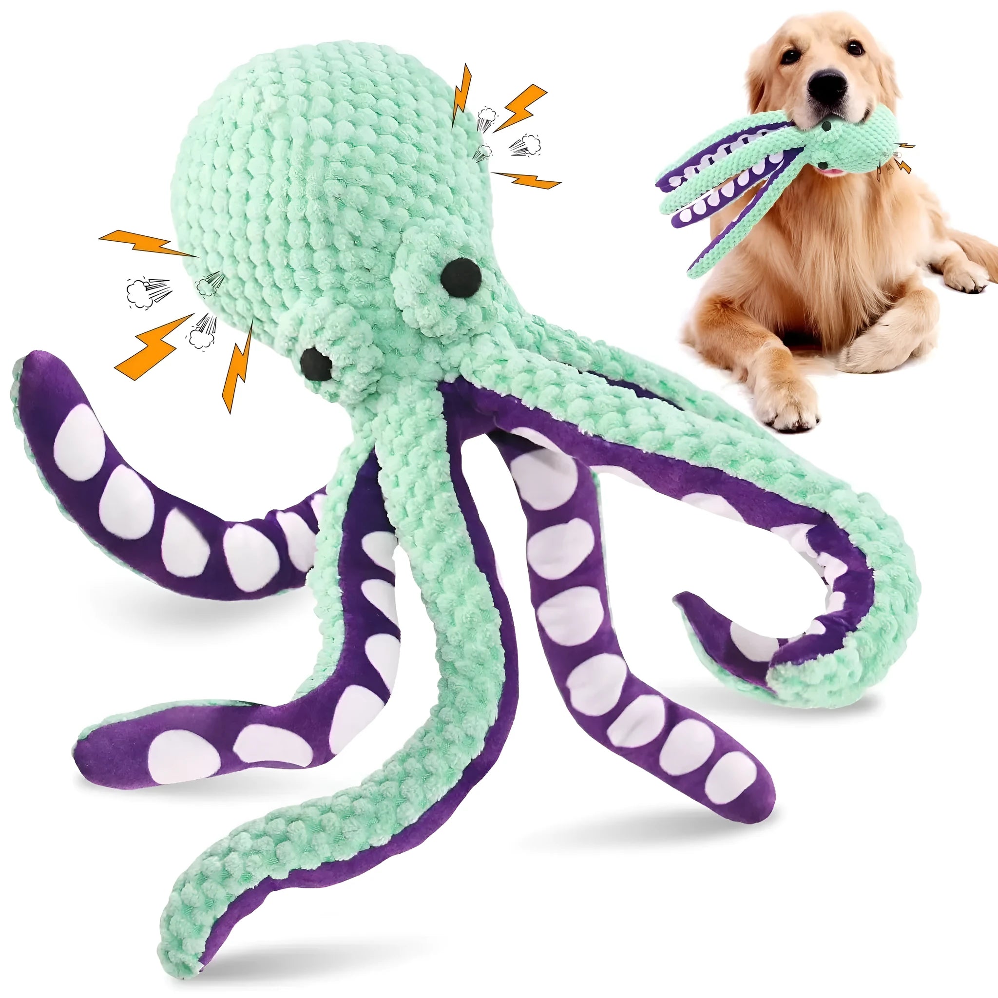 Blue plush octopus shell dog toy with six legs and squeaker on white background