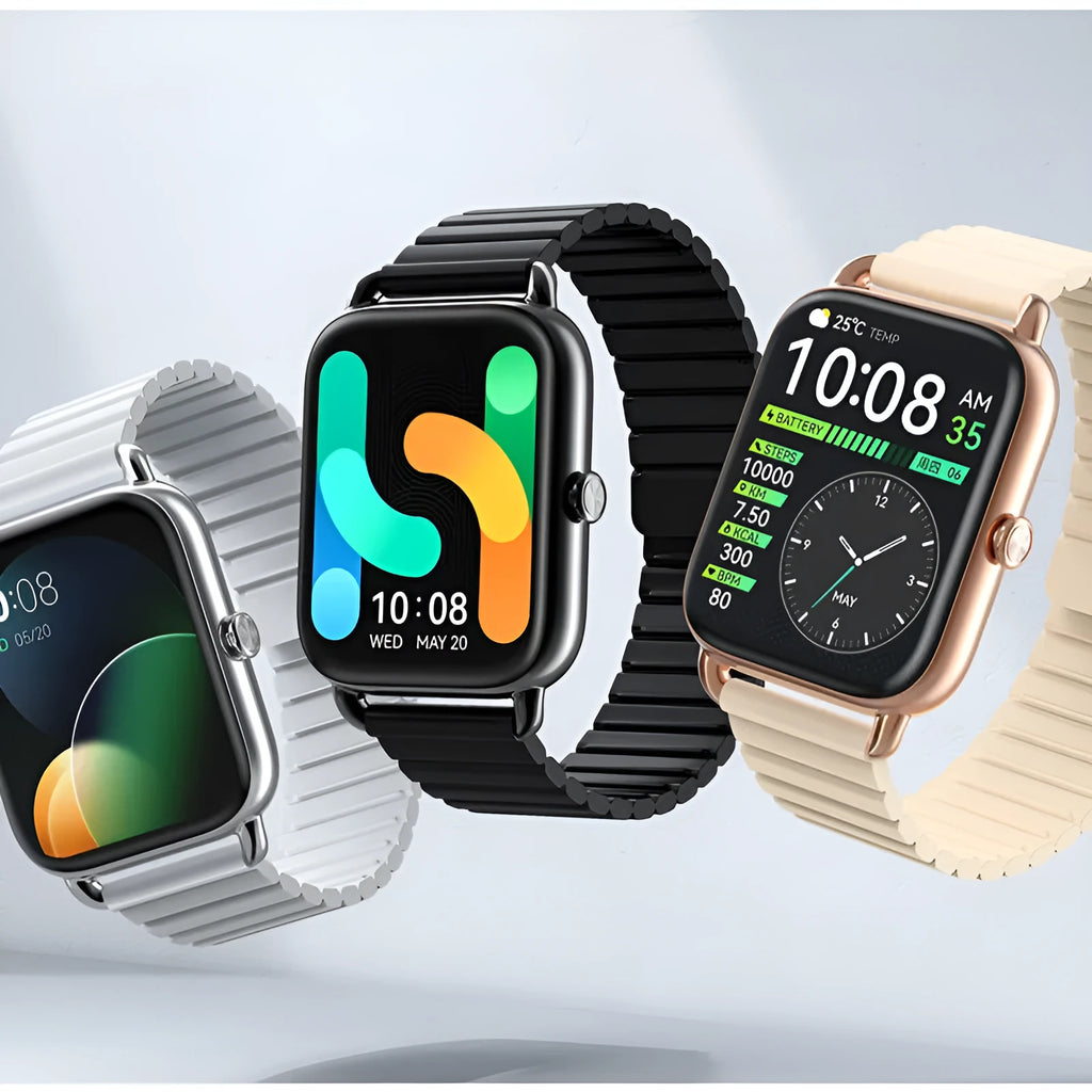 HAYLOU RS4 Plus smartwatch in black with AMOLED display showing fitness stats.