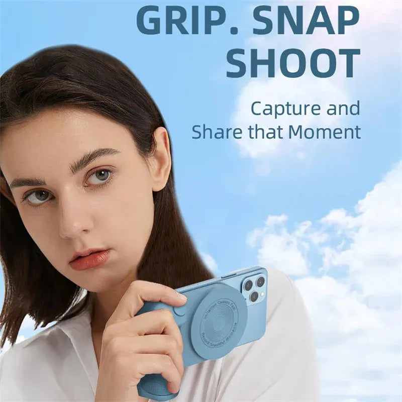 3-in-1 magnetic anti-shake phone holder camera bracket with ergonomic handle, rotatable axis, and compact 11.2cm size