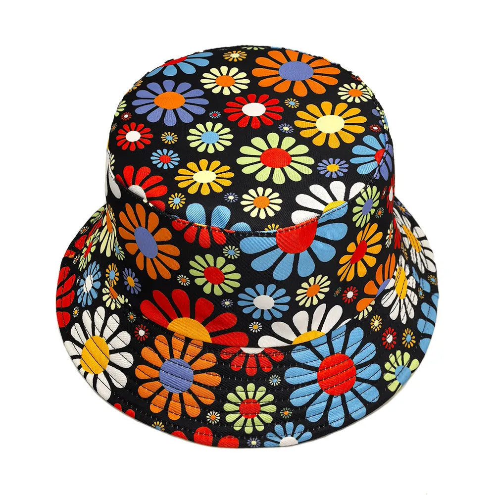 Colourful flower pattern polyester bucket hat with dome crown in M size 56-58cm