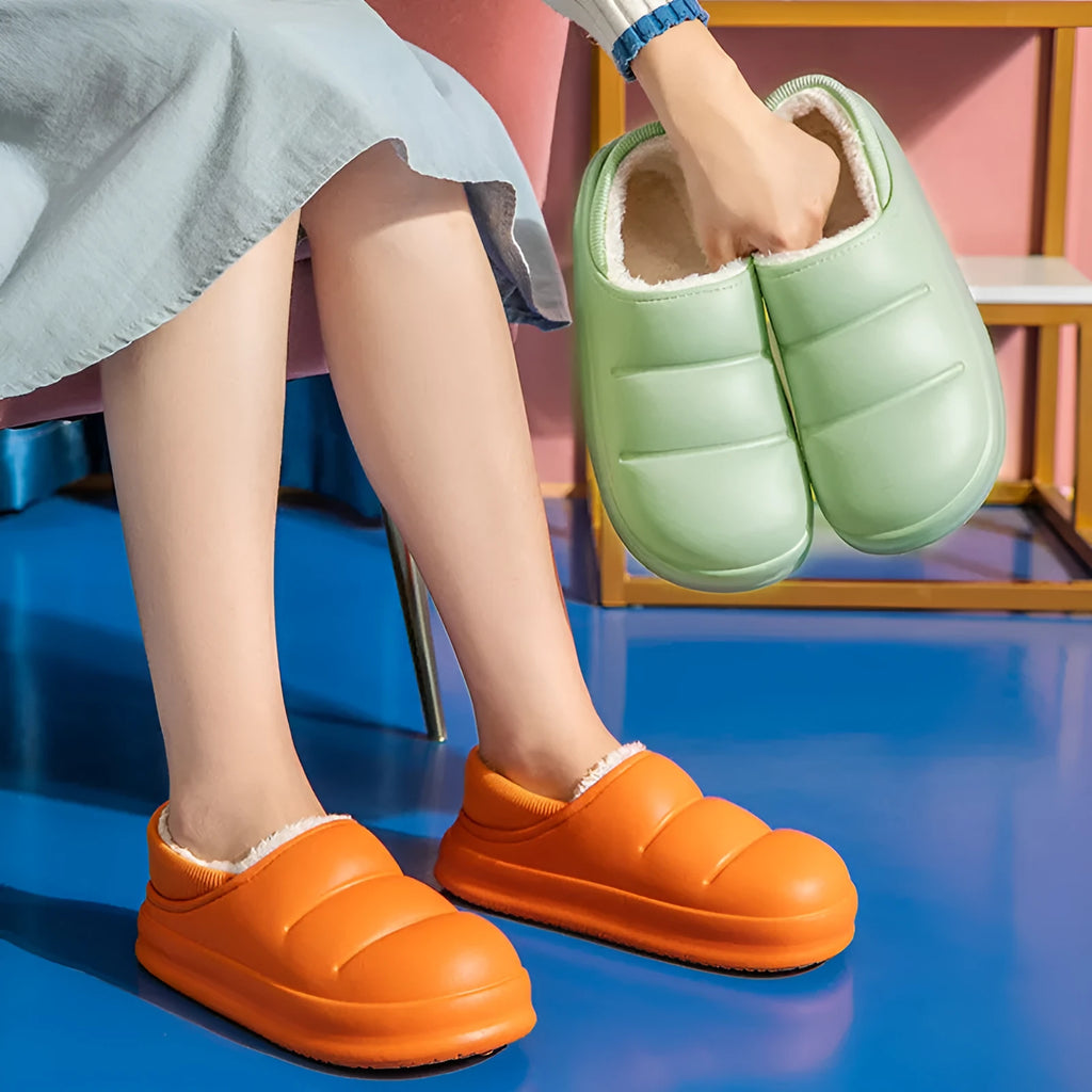 Couple cotton slippers with waterproof EVA sole and warm plush lining in various colours for winter home and garden use