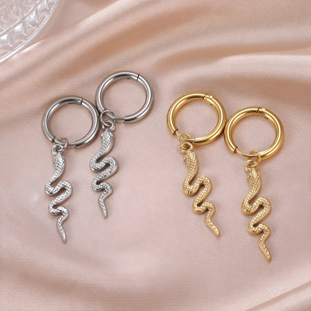 Snake-shaped stainless steel vintage ear clip earrings with gold plating