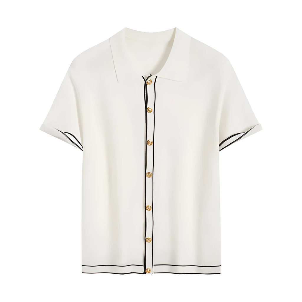 White short-sleeve cardigan with contrast colour lapels in old money style