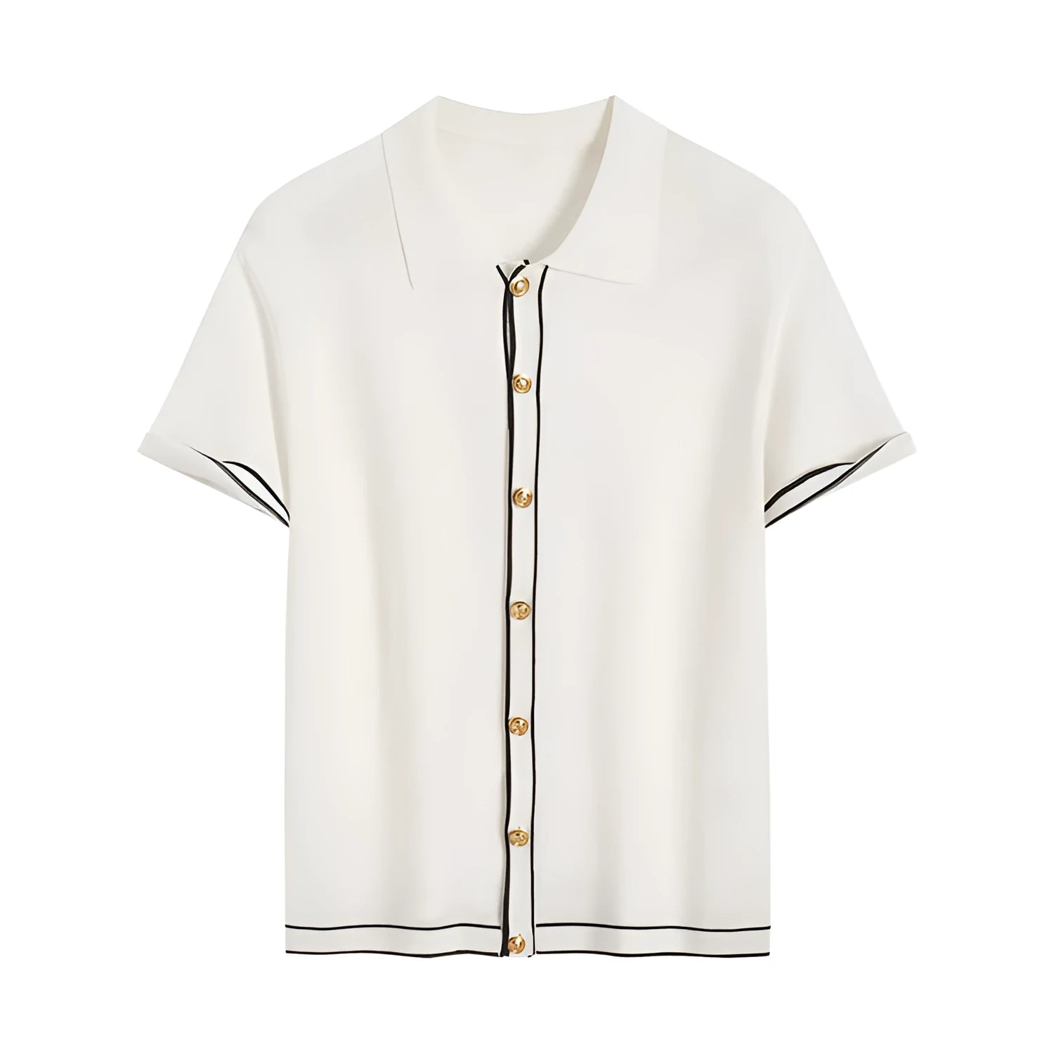 White short-sleeve cardigan with contrast colour lapels in old money style