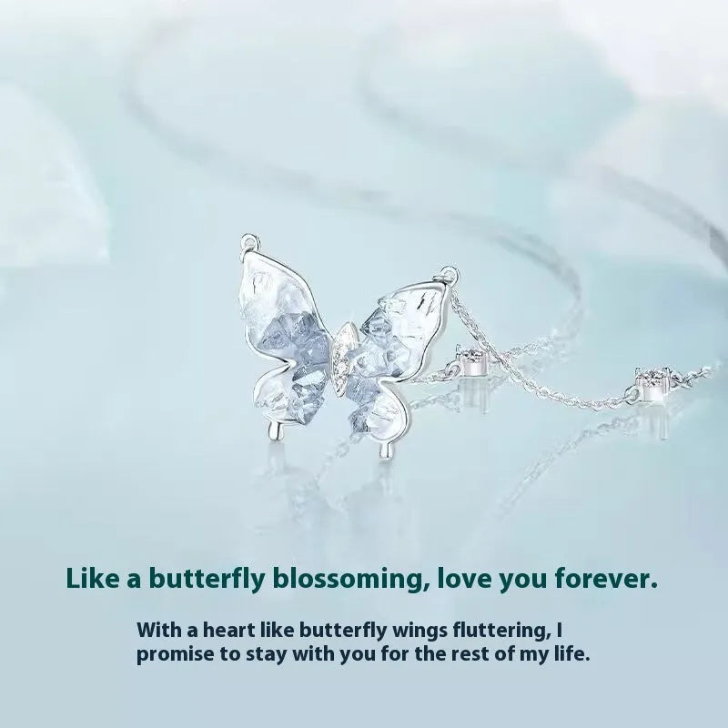 Bingyu butterfly clavicle necklace in S925 silver with ice rain pendant on O-ring chain