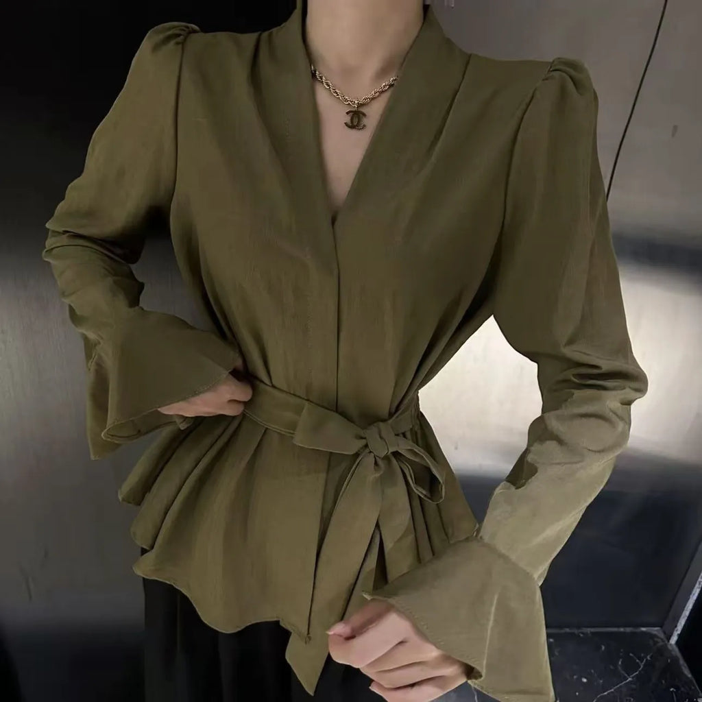 Women's French-style shirt with irregular collar design and long bell sleeves in polyester fabric
