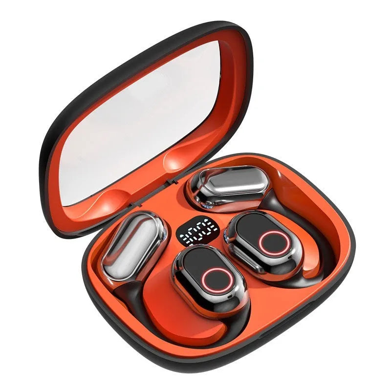 Gaming OWS open wireless Bluetooth headset in orange black with ear hook design and digital display
