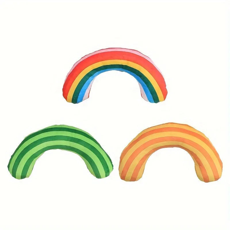 Striped fabric cat pillow toy with a noise maker and catnip strip, measuring 23 cm, in rainbow colours.