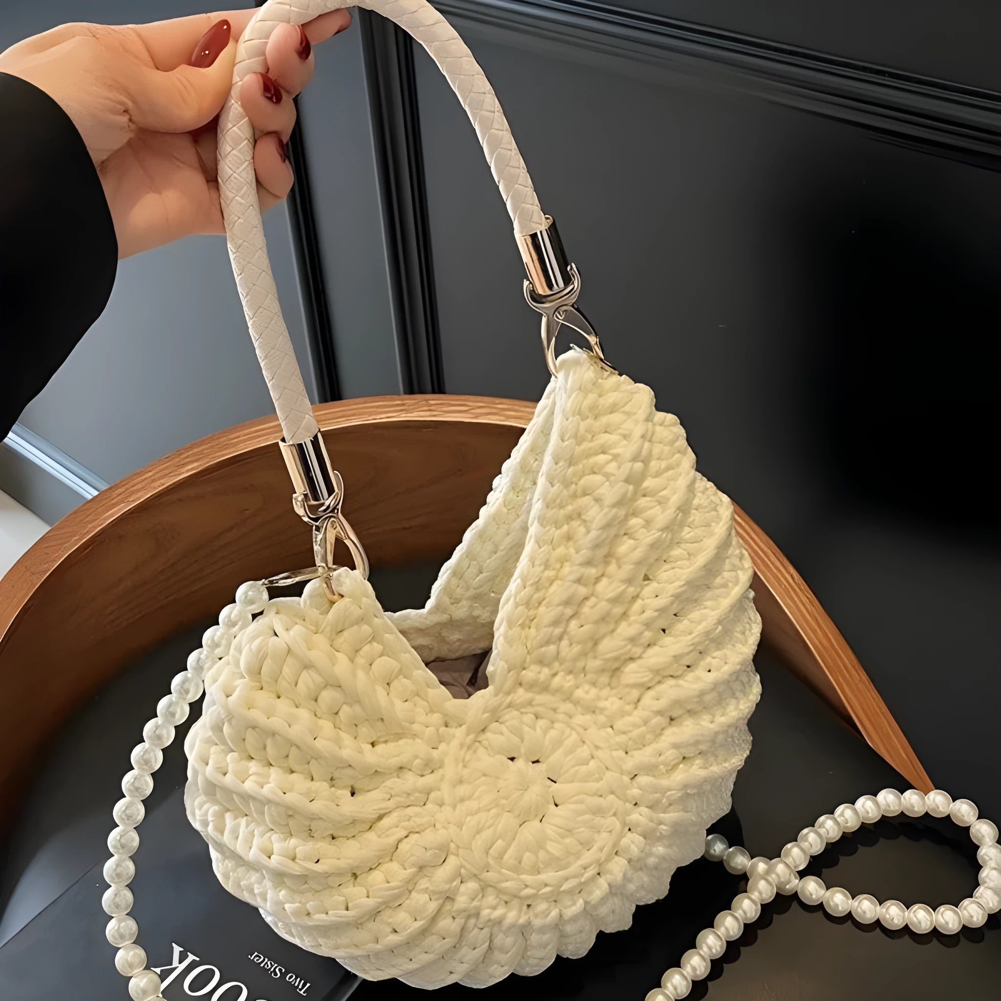 Handmade woven cloth bag for women, shell shape, open pocket, double shoulder straps, available in five retro colours