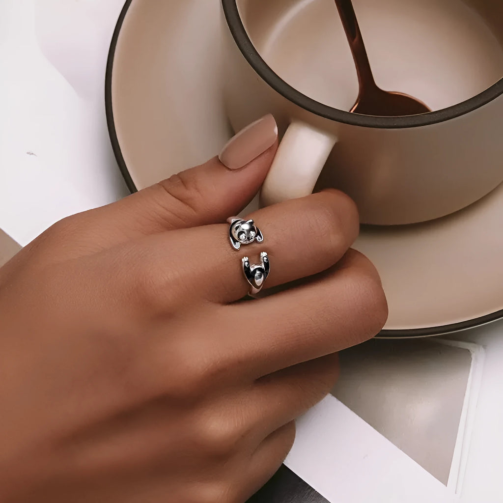 Cute panda adjustable open ring in sterling silver with white gold plating, SCR969-E colour