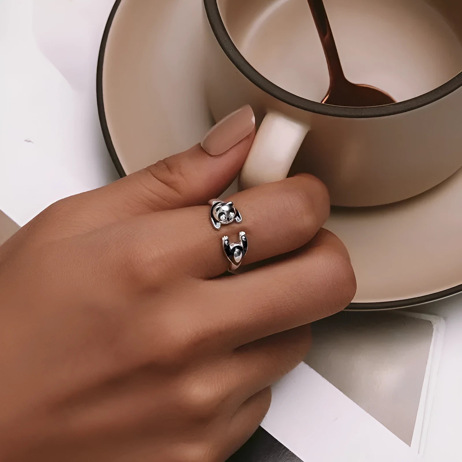 Cute panda adjustable open ring in sterling silver with white gold plating, SCR969-E colour