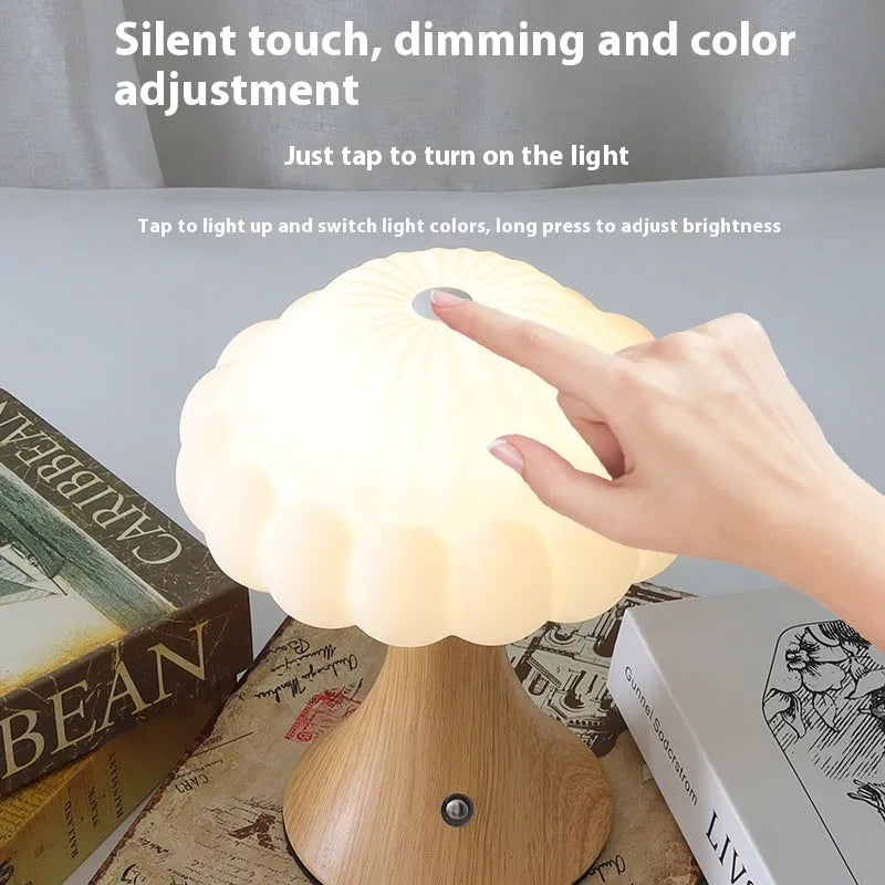 Mushroom-shaped touch night lamp with USB charging port in wood grain colour