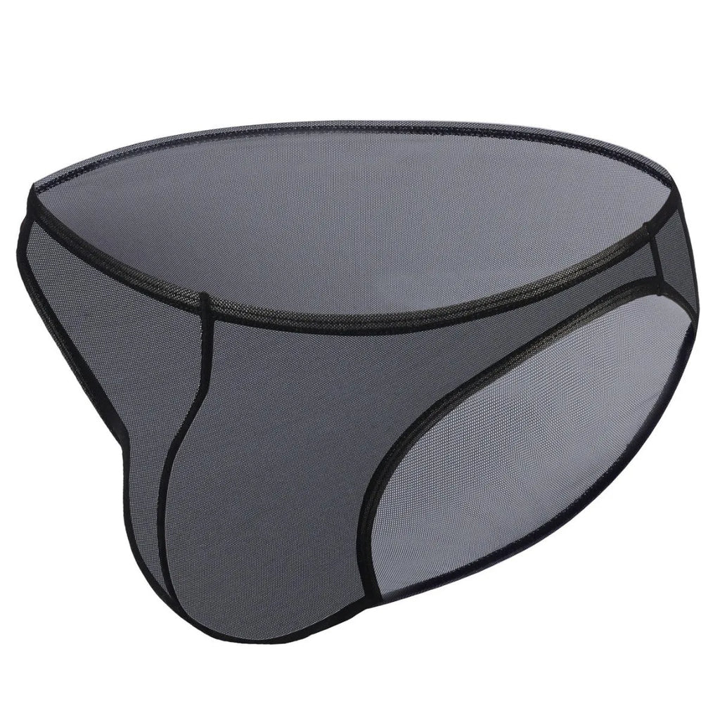 Men's black ice silk nylon briefs with low waist triangular cut showing quick-drying fabric texture