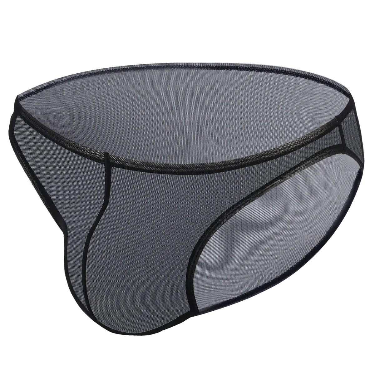 Men's black ice silk nylon briefs with low waist triangular cut showing quick-drying fabric texture